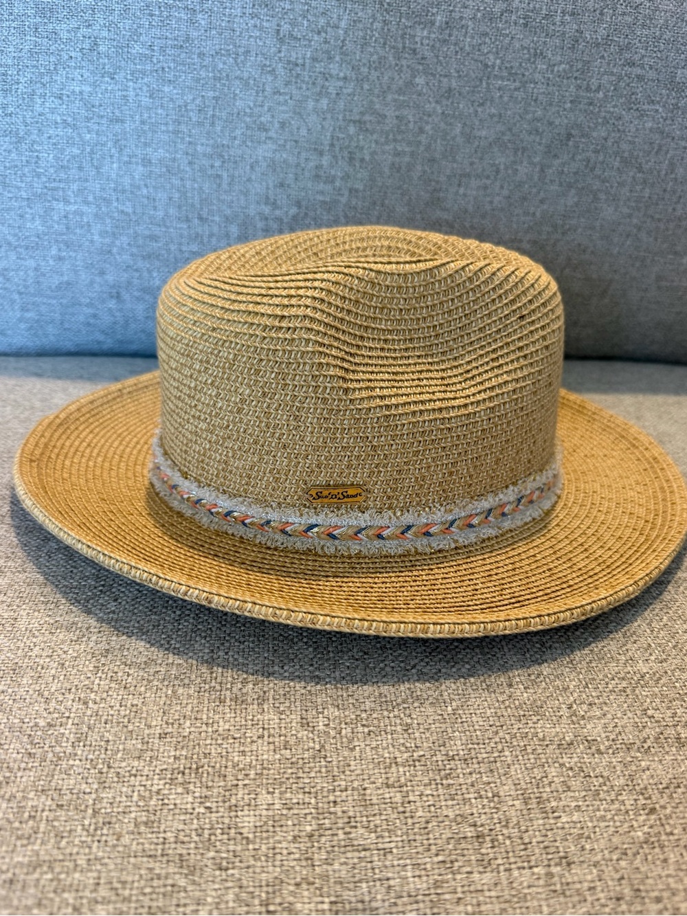 UPF 50 Woven Straw Sun Hat with Braided Trim in Tan